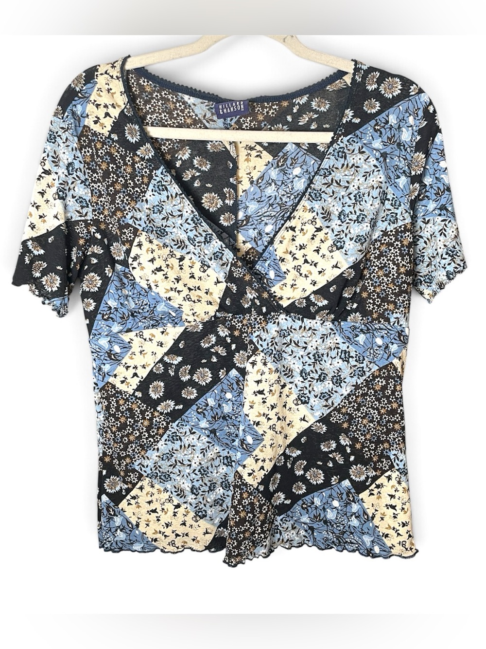 Blue Patchwork V-Neck Short Sleeve Top